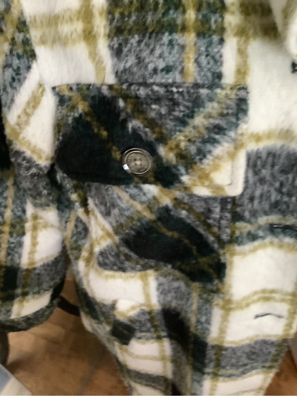 Vince Camuto Olive Green, Black & Cream Plaid Teddy Shacket - Picture 2 of 6
